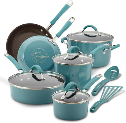 Rachael Ray Cucina Nonstick Cookware, Agave Blue Pots and Pans Set, 12-Piece