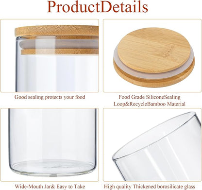 Qinyoung Glass Storage Jars with Wooden Lids, 4 Sizes Food Storage Containers Clear Stackable Canisters Airtight Glass Jars for Candy Cookie (Clear, Light Brown, 23oz 34oz 47oz 58oz, 24 Pcs)