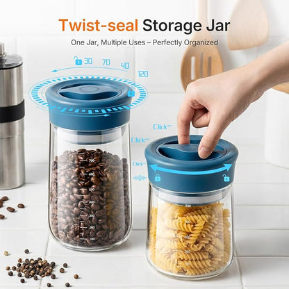 Airtight Food Jar with Blue Rotary Lid, 27oz Borosilicate Food Storage Canisters with Measurement Marks, Wide Mouth Pantry Jar for Kitchen, Counter, Coffee Beans, Oats, Cereal, Pasta, Cookie
