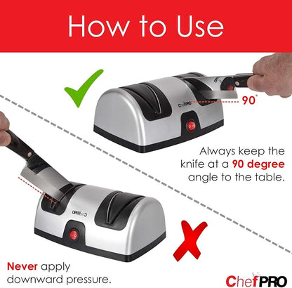 ELECTRIC KITCHEN KNIFE SHARPENER AND POLISHING SYSTEM by CHEF PRO, 2-Stage Sharpening, Compact And Easy-to-Use Design, Suction Cup Bottom and Easy Cleaning, Black-Silver