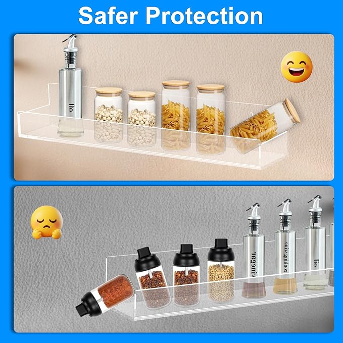 Clear Acrylic Spice Rack, Wall Mounted, 15 inch, 4 PCS | Floating Shelf, Removable End Guards, For Kitchen Cabinet Door Cupboard Bathroom, Holds Jars Nail Polish Books Toiletries