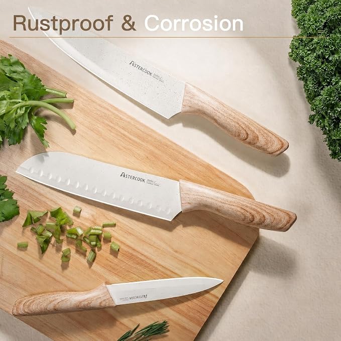 Astercook Knife Set, 13 Pieces Kitchen Knives Set with Ceramic Coating, Stainless Steel Chef Knife Sets with 6 Blade Guards, Dishwasher Safe Knives with Wooden Handle, Elegant White