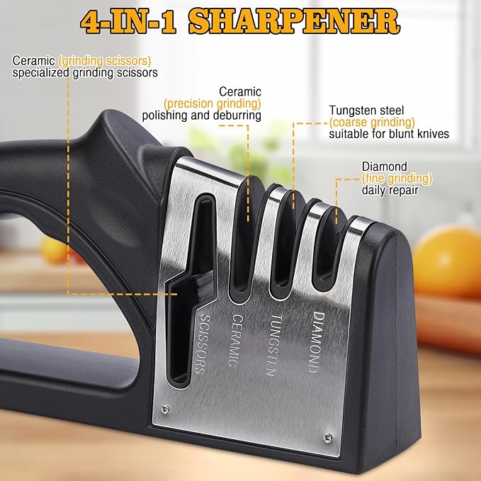4-in-1Manual Knife Sharpener Suitable for kitchen knives, fruit knives, steel knives, scissors, and 3-level precision sharpening.Non slip base, suitable for home use (black) (2)