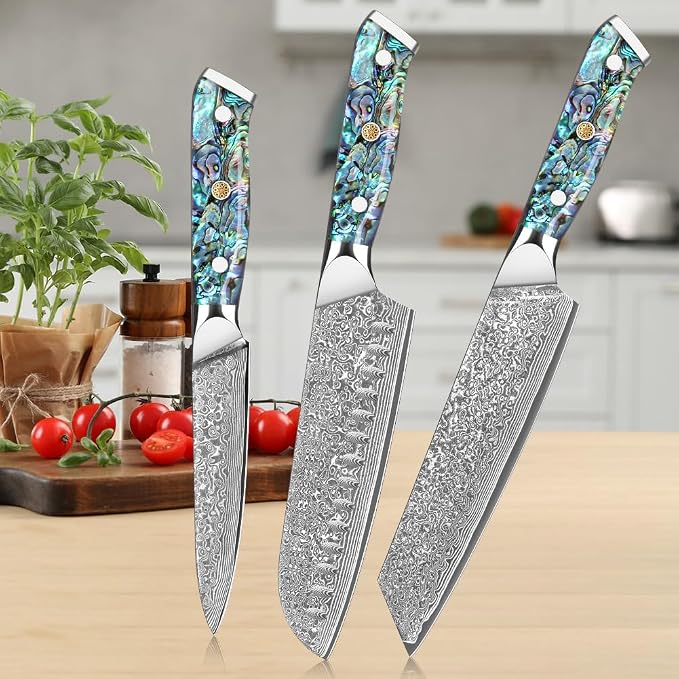 Home Safety Damascus Knife Set of 3, 12.4-19cm Chef's Knife Set Made of 67 Layers of VG-10 Damascus Steel, Santoku Knifves, Kiritsuke Knife with Ergonomic Abalone Shell Handle, Gift Box