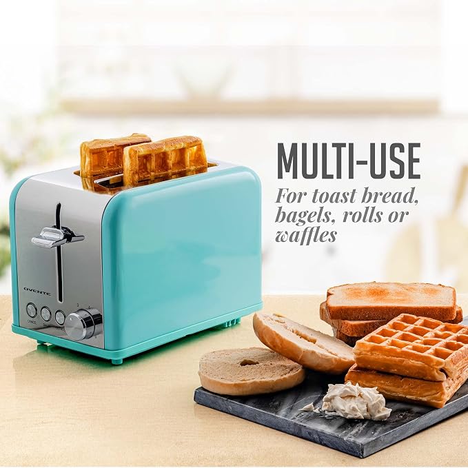 OVENTE 2-Slice Electric Toaster, 825W with 6 Browning Settings, Bagel, Defrost, Cancel Functions, Extra-Wide Slots, Stainless Steel Retro Countertop Toaster, Turquoise TS2450T