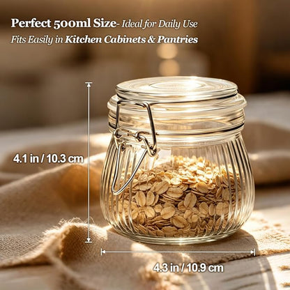 ComSaf 6-Pack 17oz Ribbed Glass Storage Jars with Airtight Clamp Lids, Decorative Wide Mouth Pint Canisters for Jam, Spices, Nuts, Coffee Beans, Snacks, Honey - Kitchen Pantry and Drawer Organization