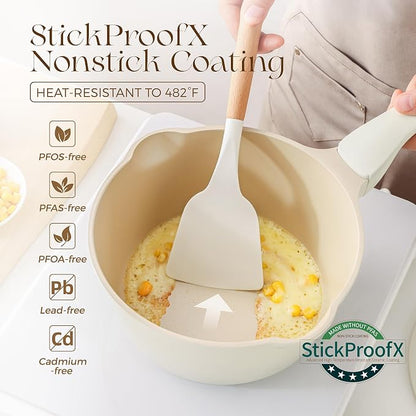 PRICUSIS Ceramic Nonstick Saucepan with Lid, 3 Quart Non Toxic Pot with Pour Spouts, Full Coated, 100% Dishwasher Safe, Induction Compatible, PTFE PFAS & PFOA Free, Coconut White