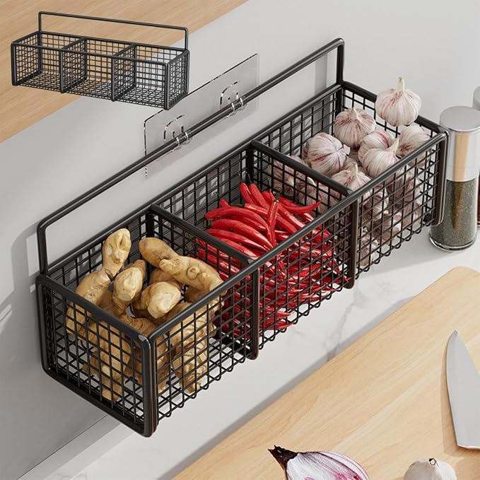 Storage Rack with 3 Compartments, Spice Rack Wall Mount, Punch-Free Hanging Spice Racks, Multi-Purpose Storages Organizer, Kitchen Storage Baskets for Seasonings Oniones Ginger Garli