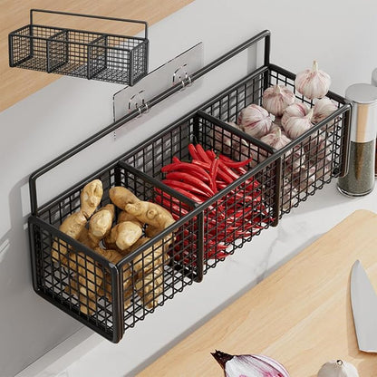 Storage Rack with 3 Compartments, Spice Rack Wall Mount, Punch-Free Hanging Spice Racks, Multi-Purpose Storages Organizer, Kitchen Storage Baskets for Seasonings Oniones Ginger Garli