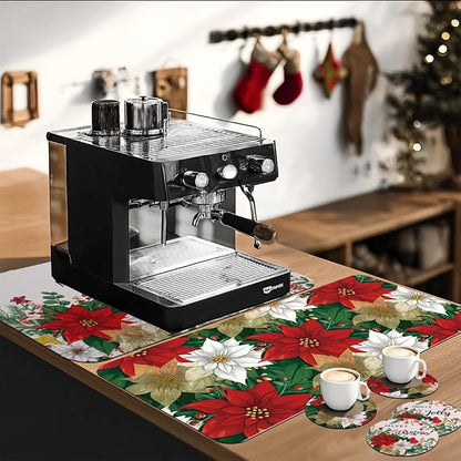 Baccessor Poinsettia Christmas Dish Drying Mat with 4PCS Coasters,2PCS Kitchen Bar Mat Coffee Mat Accessories Fits Under Coffee Maker and Pot,Holly Winter Farmhouse Bar Mat Detachable