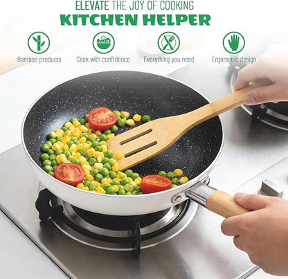 7 Piece Bamboo Wooden Kitchen Cooking Utensils Set Spoons for Eating Appliances and Gadgets with Holder, Home and Kitchen Essentials Gifts for People Who Love to Cook