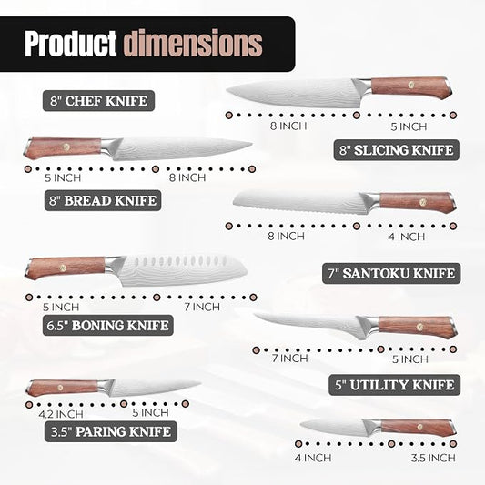 7 pcs German Knife, High Carbon Stainless Steel Knife Set with Pakka Wood Handle, Built-in Sharpener, Chef Knife (7 PCS KNIFE SET)
