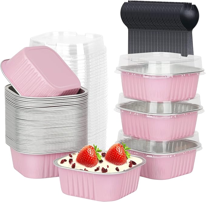 LNYZQUS Mini Cake Pans with Lids and Spoons,10oz Disposable Small Foil Baking Tins,40 Pack Individual Cake Containers for Home Bakers Bake Sales-Pink,4x4 Square