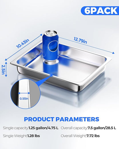 WantJoin Steam Table Hotel Pans - 1/2 Half Size 2.5 Inch Deep 6 Pack, Stainless Steel Food Storage Container Metal Tray Sets for Commercial Chafing Dishes Restaurant Buffet Catering Supplies