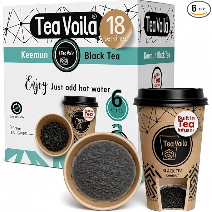 TeaVoila Instant Brew Tea in A Cup - Organic Loose Leaf Black Tea – Tea Infuser Built In Biocompostable 6 Cups, Each Refillable 3x, 18 Servings in Total – No Tea Bags Needed, For Office & Travel