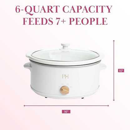 Paris Hilton 6-Quart Manual Slow Cooker, Naturally Nonstick Stoneware Ceramic Insert, Three Settings (Low, High, Warm), Dishwasher Safe Family Size Slow Cooker, White