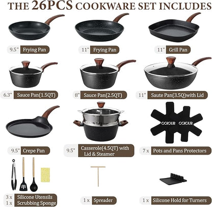 26Pcs Pots and Pans Nonstick Ceramic Cookware Set Nontoxic Kitchen Cooking Set with Steamers Utensils Induction Compatible, PFAS/PFOA Free, Oven and Dishwasher Safe, Black