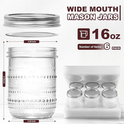 6 Pack Overnight Oats Containers with Lids,Wide Mouth Mason Jars 16 oz, Pint Mason Jars Glass Canning Jars for Storing Food, Sauces, Salad, Relishes
