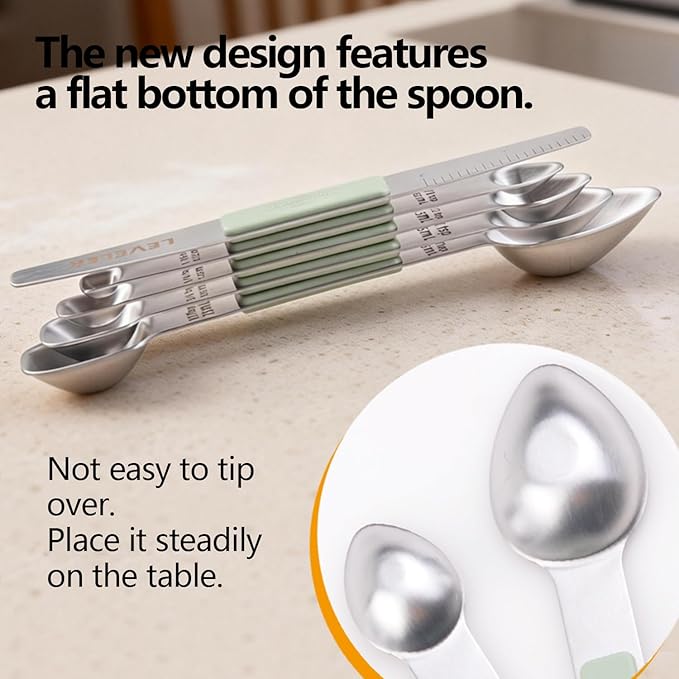 Stainless Steel Magnetic Measuring Spoons Set, Heavy Duty Metal Kitchen Gadgets for Baking & Cooking, Fits in Most Kitchen Spice Jars, Set of 4 with Leveler (Mint green)