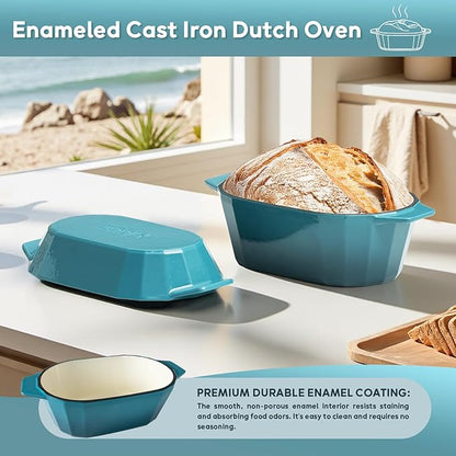 Enameled Cast Iron Sourdough Bread Oven – Dutch Oven for Sourdough, Oval Cast Iron Bread Pan with Lid，Loaf Cast Iron Dutch Oven for Baking (3.3QT-Blue）