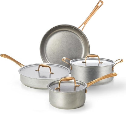 KOKHUB 7-Piece Tri-Ply Stainless Steel Cookware Set, Retro Pot and Pan Set Non Toxic, Kitchen Uncoated Cooking Set with Copper-Plated Handles, Oven & Induction Ready, Dishwasher Safe