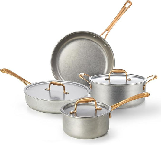 KOKHUB 7-Piece Tri-Ply Stainless Steel Cookware Set, Retro Pot and Pan Set Non Toxic, Kitchen Uncoated Cooking Set with Copper-Plated Handles, Oven & Induction Ready, Dishwasher Safe