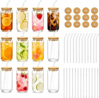 Glass Cups with Lids and Straws Set of 12, 16 oz Can Glasses with Bamboo Lids and Glass Straws, Iced Coffee Cups for Coffee Bar, Cocktails, Summer Parties, Family Gatherings and Housewarming