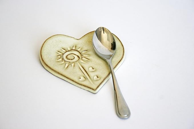 Heart Mini Spoon Rest for Coffee Teaspoon or Tea Ball - Small Size Countertop Miniature Ceramic Spoon Holder in Butter Cream