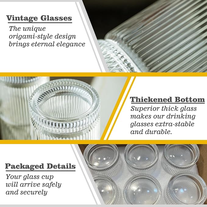 KEMORELA Drinking Glasses Set of 8, Ribbed Glassware, 13 Oz Old Fashioned Whiskey Glass, Vintage Glassware, Origami Style Cocktail Glasses, Clear Bar Glasses for Iced Coffee & Beverages (8PCS)