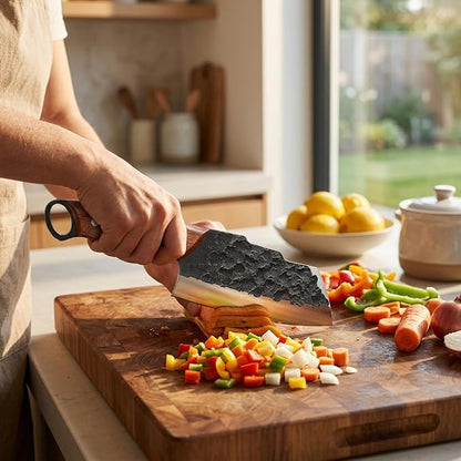 KOFERY Hand Forged Serbian Butcher Knife with Full Tang 4Cr13MoV Steel, Viking Meat Cleaver for Butchering, Camp Cooking and BBQ, Includes Leather Sheath & Pocket Sharpener