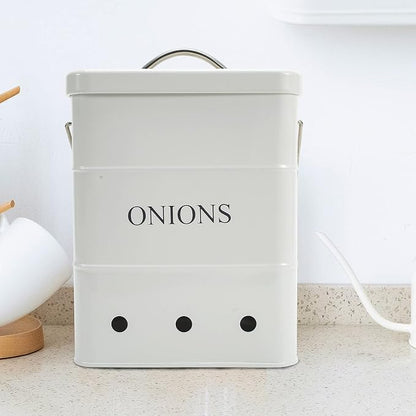 Onion Storage Bin, Metal Storage Tin with Aerating Holes - Kitchen Pantry Organizer, Fresh Keeper (White)