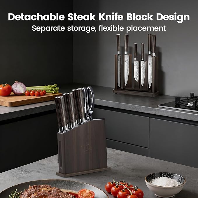 SYOKAMI 15-Piece Kitchen Knife Set with Magnetic Block, New for 2026, Detachable Steak Knife Block for Table Service, Built-In Sharpener, Wood Handle, Damascus Pattern, Housewarming Gifts