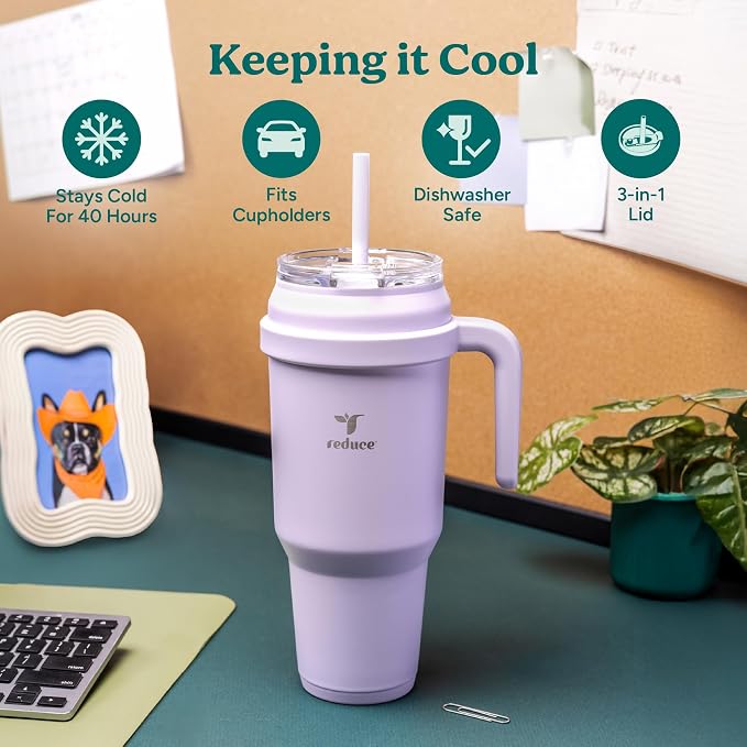 Reduce 50 oz Stainless Steel Tumbler with Handle-Dual-Wall Vacuum Insulated Travel Mug, Sweat-Proof Lid & Reusable Straw - Keeps Drinks Cold for 24 Hrs, Fits Cupholders, Dishwasher Safe-Elemental Blue