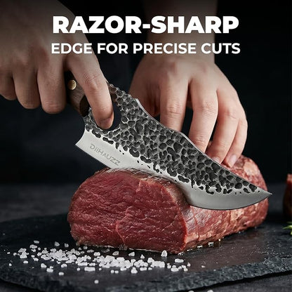 DiiHAUZZ Viking Chef Knife, 6 Inch Hand Forged High Carbon Steel - Ultra Sharp Butcher Boning Knife for BBQ Prep, Meat Cutting and Camping with Leather Sheath, Gifts for Men