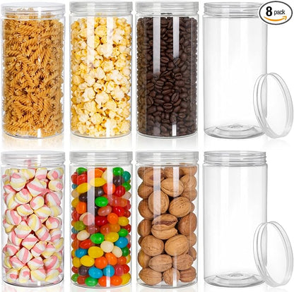 Pumtus 8 Pack Clear Plastic Jars with Lid, 46 OZ Round Candy Storage Jars, Empty Large Mason Jars, Tall PET Canisters Cylinders, Wide Mouth Pantry Container for Dry Food, Spice, Nuts, Noodles