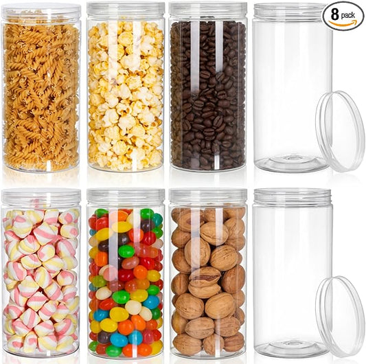 Pumtus 8 Pack Clear Plastic Jars with Lid, 46 OZ Round Candy Storage Jars, Empty Large Mason Jars, Tall PET Canisters Cylinders, Wide Mouth Pantry Container for Dry Food, Spice, Nuts, Noodles