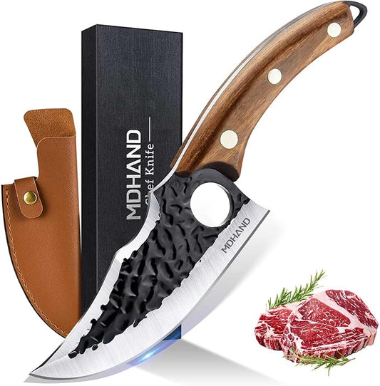 MDHAND Chef Knife - Hand Forged Kitchen Knife, High Carbon Steel Butcher Knife for Meat Cutting, Japanese Chef Knives for Camping, Outdoor, BBQ, Gifts for Men
