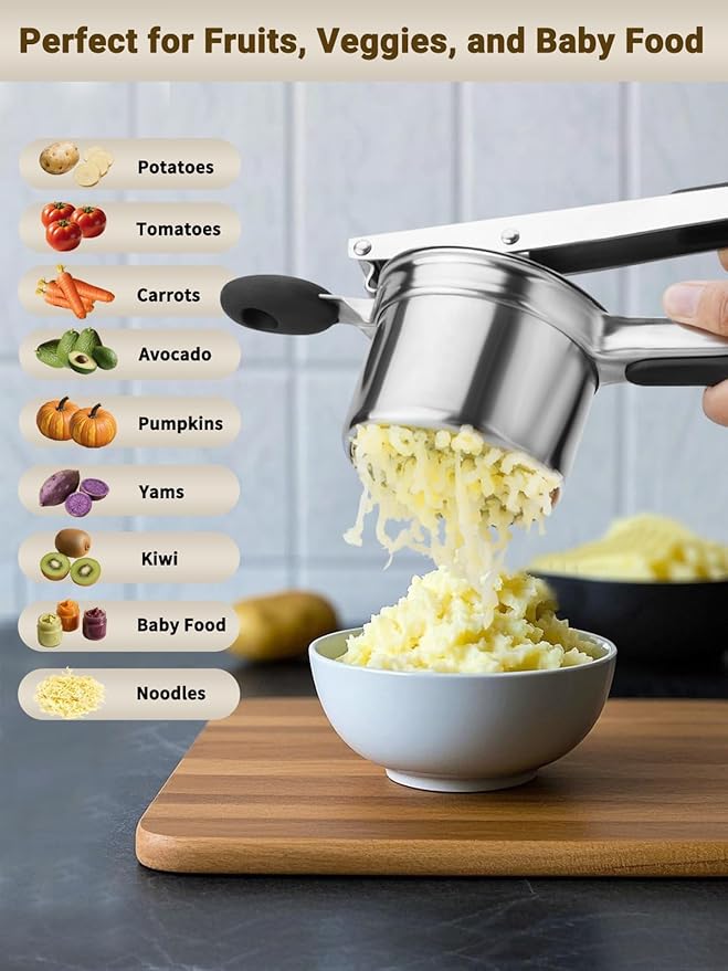 Potato Ricer, Heavy Duty Stainless Steel Potato Masher and Ricer for Mashed Potatoes, Kitchen Gadget for Mashed Potatoes with 3 Interchangeable Discs