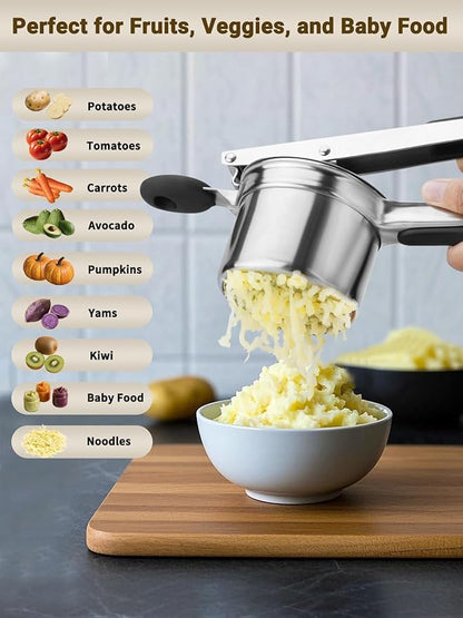 Potato Ricer, Heavy Duty Stainless Steel Potato Masher and Ricer for Mashed Potatoes, Kitchen Gadget for Mashed Potatoes with 3 Interchangeable Discs