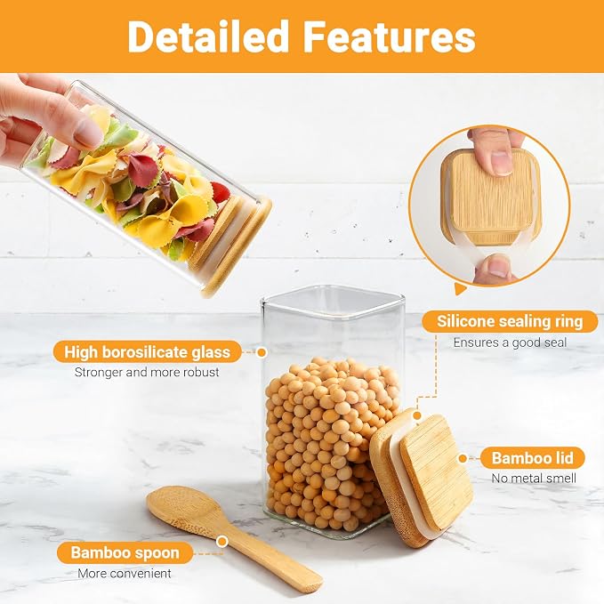 Square Glass Jars with Bamboo Lids, 4 Pack 10 Fl.oz Glass Storage Jars, Sugar Coffee Containers with Airtight Lid, Pantry Canisters for Spice Tea Candy Nuts - Included Labels, Spoon and Marker