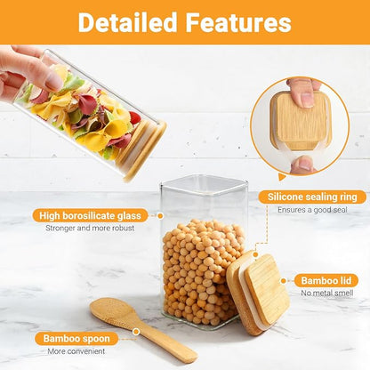 Square Glass Jars with Bamboo Lids, 4 Pack 10 Fl.oz Glass Storage Jars, Sugar Coffee Containers with Airtight Lid, Pantry Canisters for Spice Tea Candy Nuts - Included Labels, Spoon and Marker