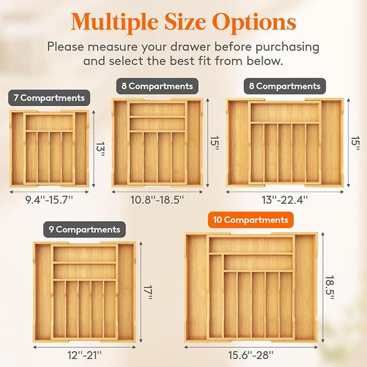 Lifewit Silverware Drawer Organizer, Expandable Utensil Tray for Kitchen, Flatware and Cutlery Holder, Wood Adjustable Storage for Spoons Forks Knives, 17-28 x 18.5, Natural