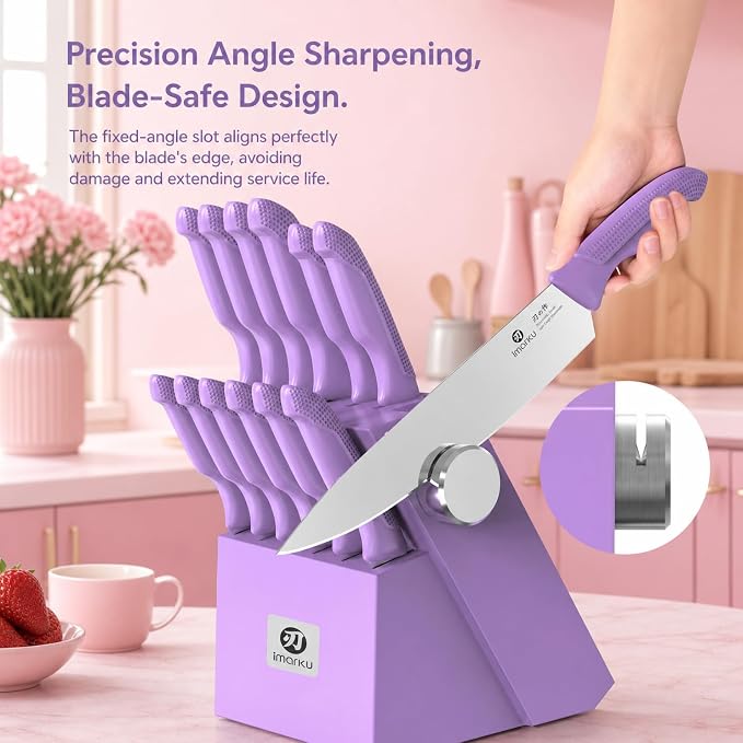 imarku 14-Piece Purple Knife Set with Block – Glides Through Meat, Fish, Veggies & Bread – Standout Color for Stylish Kitchens – Built-in Sharpener – Elegant Gift for Mom, Wife, and Yourself