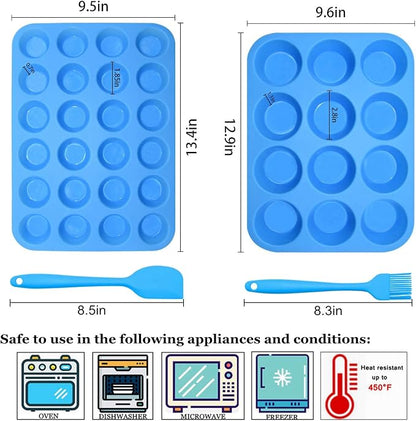 Silicone Muffin Pan Cupcake Set – Non-Stick 12 Cups and Mini 24 Cups,Silicone Baking Molds,BPA Free Muffin Tin with 1 Spatula & 1 Oil Brush (blue)