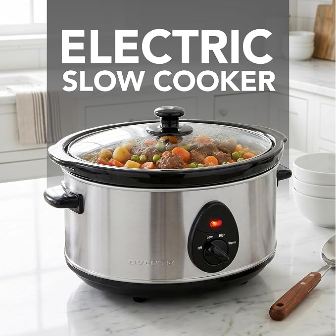 OVENTE Electric Slow Cooker with 3 Cooking Settings, Non-Stick and Dishwasher Safe Stoneware, Stainless Steel Body, Glass Lid, 3.7 Qt Oval Pot for Entrees, Soups, Sauces, Stews & Dips, Silver SLO35ABR