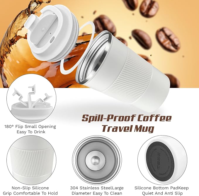 SPLMIFA Vacuum-Insulated Stainless Steel Travel Coffee Mug, Leak-Proof Reusable Coffee Cup with Lid - Keep Hot & Cold Drinks for Hours, Durable Insulated Tumbler for Men & Women(3rd-White, 12OZ)
