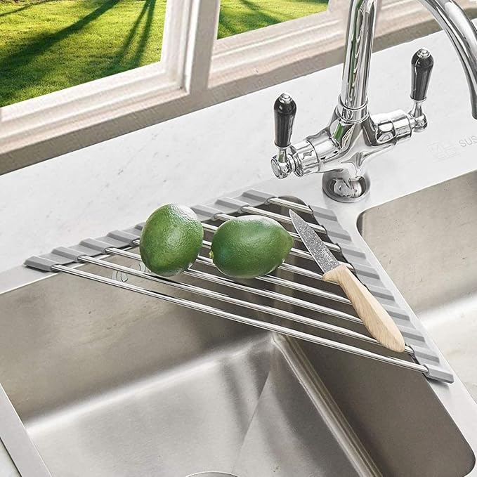 Triangle Dish Drying Rack for Sink Corner Roll Up Folding Stainless Steel Multipurpose Over The Sink Dish Drainer Mat for Kitchen (Grey)