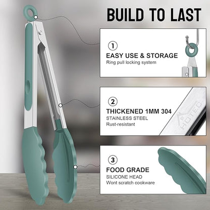 HOTEC Premium Stainless Steel Locking Kitchen Tongs with Silicon Tips, Set of 3-7", 9" and 12" (Sage Green)