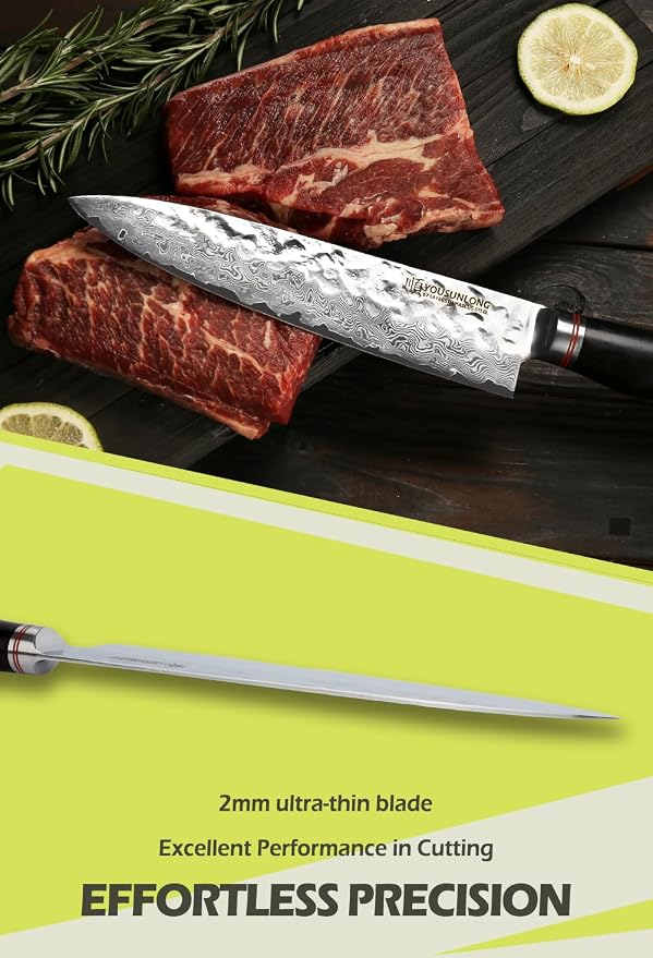 YOUSUNLONG Chef's Knife - 8 Inch Gyuto Kitchen knives - Razor Sharp Knife - Japanes Hammered Damascus Steel - Natural Ebony Handle with Leather Sheath