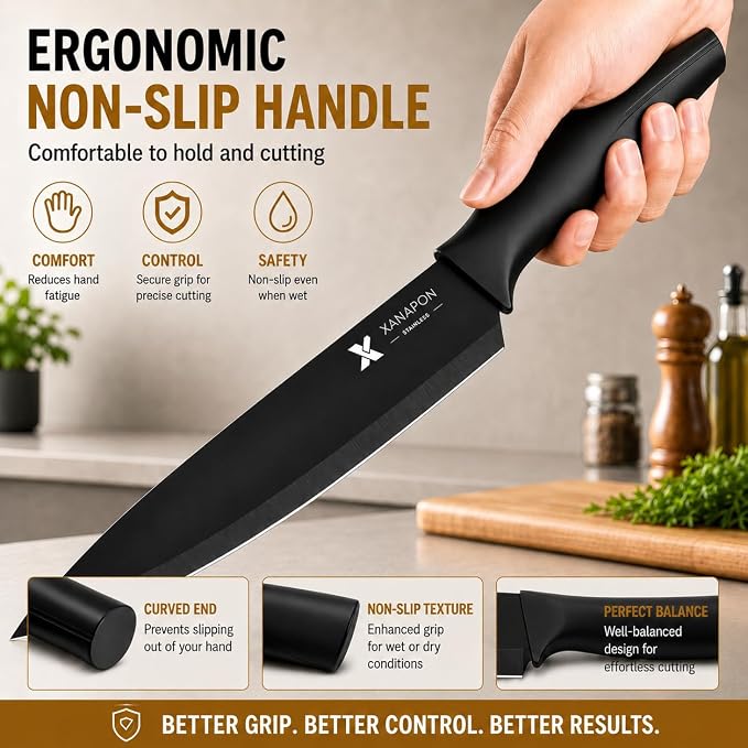 XANAPON 19-Piece Black Kitchen Knife Set with Block and Built-in Sharpener, High Carbon Stainless Steel Chef Knives Set for Kitchen with 8 Steak Knives, Ergonomic Handles, Perfect Housewarming Gift